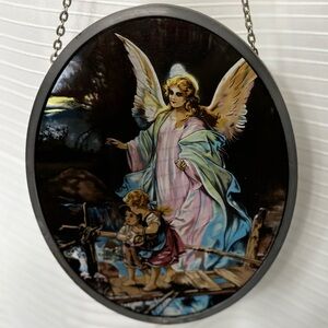 Vintage Hanging Glass Plaque of Guardian Angel with Children on the Bridge 8.5”